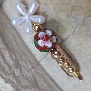 Handmade Cloisonne Roses Beads Hair Pin Clip Pearls